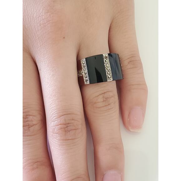 Vintage Onyx Carnelian and Marcasite Sterling Silver Wide Ring Band - Picture 2 of 9